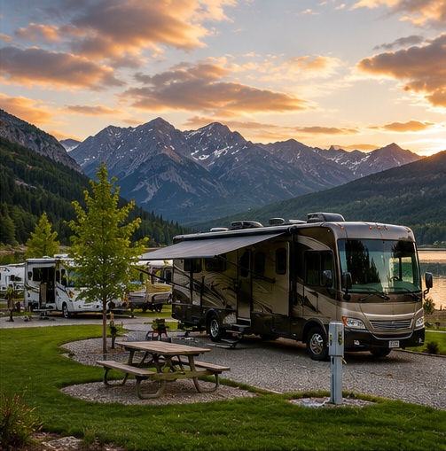 Motorhome on a full-hookup site in a mountain RV park
