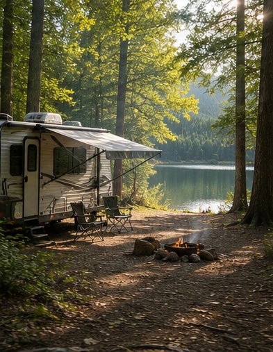 RV and camp chairs beside a quiet forest lake
