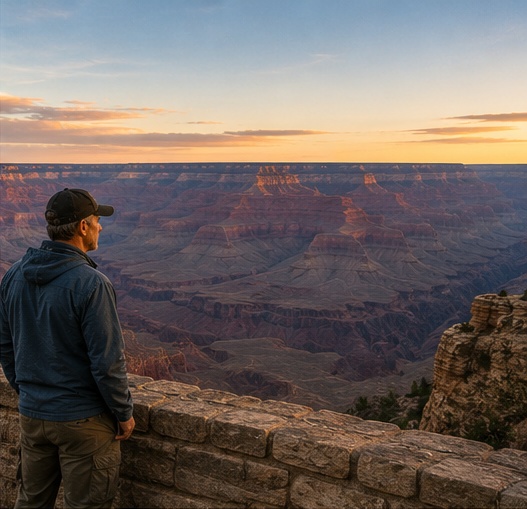Traveler taking in a canyon view at sunset