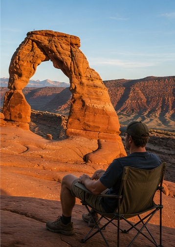 Traveler relaxing near a sandstone arch