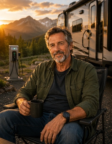 Dan enjoying coffee beside his motorhome