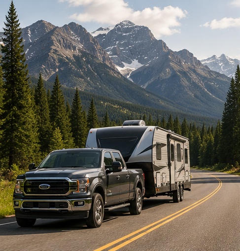 Pickup towing a travel trailer along a mountain road