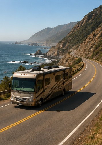 Motorhome traveling along a scenic coastal highway